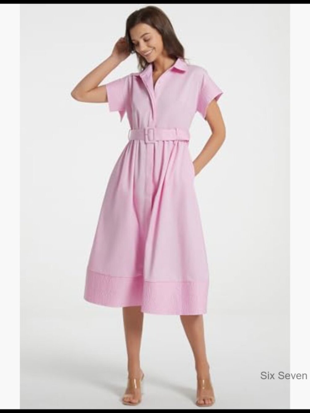 Polyester Cotton Button Down Shirt Dress with Belt Casual Midi Dress - Picture 2 of 7